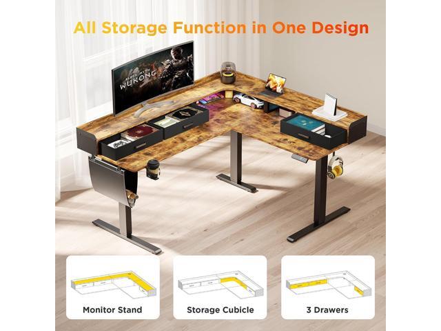 63 Inches Height Adjustable L Shaped Standing Desk with 3 Drawers and Monitor Shelf, Electric Corner Comupter Desk, Sit Stand up Home Office Desk,...