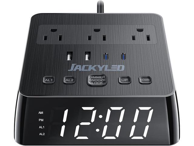 JACKYLED Alarm Clock with 4 USB Chargers Power Strip 3 Outlets 1700J Surge Protector Nightstand Dimmable Digital Clock with Dual Alarm and Snooze...