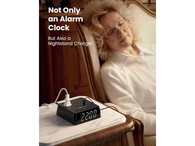 JACKYLED Alarm Clock with 4 USB Chargers Power Strip 3 Outlets 1700J Surge Protector Nightstand Dimmable Digital Clock with Dual Alarm and Snooze...
