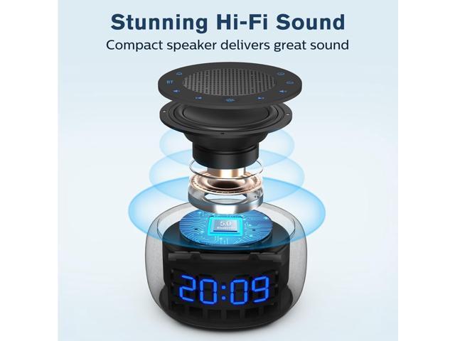 BUFFBEE Bluetooth Speaker Alarm Clock with FM Radio - High Fidelity Sound, Full Range Dimmer, Plugged in Alarm Clock Radio for Bedroom