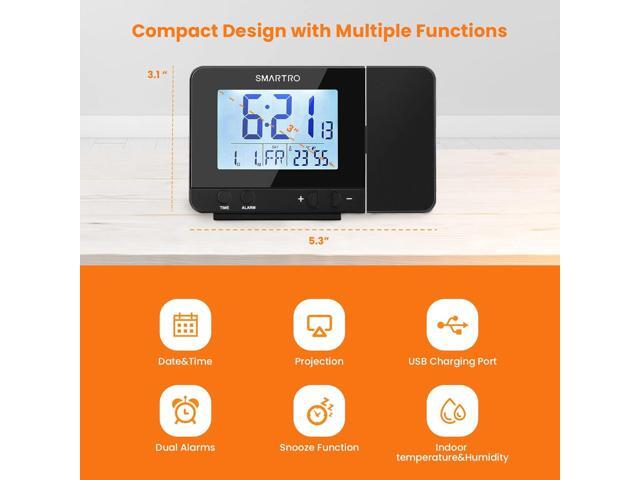 SMARTRO Digital Projection Alarm Clock for Bedrooms with Indoor Thermometer Hygrometer, USB Charger, Bedside Projector, Travel, AC and Battery...