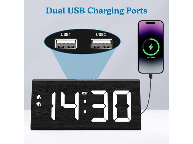 Wooden Digital Alarm Clock with Dual USB Charging Ports, DST, Dimmable, Snooze, Modern Large Time Display LED Clock for Kids Bedrooms, Living Room,...