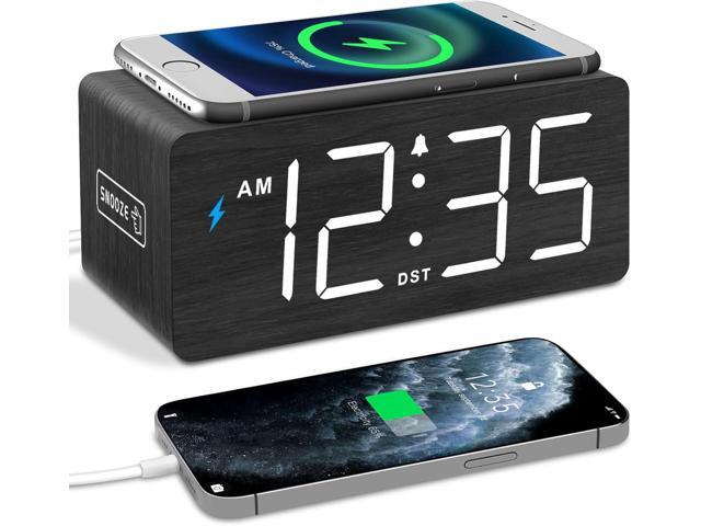 DreamSky Wooden Digital Alarm Clock with Wireless Charging for Bedroom, Bedside Nightstand Clock with Charger Station, USB Port, Large Numbers,...