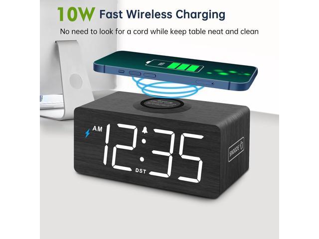 DreamSky Wooden Digital Alarm Clock with Wireless Charging for Bedroom, Bedside Nightstand Clock with Charger Station, USB Port, Large Numbers,...