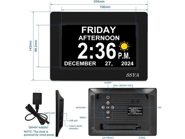 SSYA 7 Inch Calendar Clock - 12 Alarm Options, Level 5 Auto Dimmable Display,Extra Large Impaired Vision Digital Clock with Non-Abbreviated Day &...