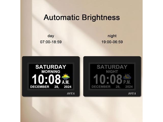 SSYA 7 Inch Calendar Clock - 12 Alarm Options, Level 5 Auto Dimmable Display,Extra Large Impaired Vision Digital Clock with Non-Abbreviated Day &...