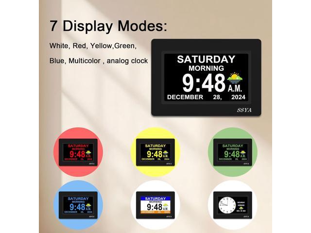SSYA 7 Inch Calendar Clock - 12 Alarm Options, Level 5 Auto Dimmable Display,Extra Large Impaired Vision Digital Clock with Non-Abbreviated Day &...
