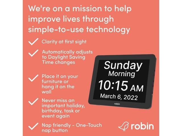 Robin Day Clock 2025 Dementia Clock with Custom Alarms & Calendar Reminders, Clocks for Seniors Helps with Memory Loss, Alzheimers, Dementia, Black