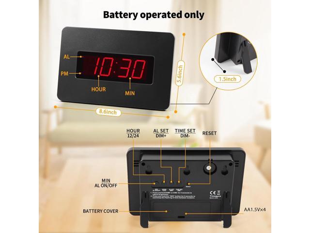 Digital Wall Clock Battery Operated with LED Display, Wall Clock with Backlight, Table-top, Alarm, Brightness Adjustable,12/24Hr