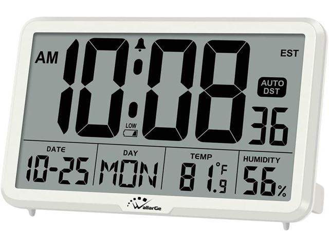 WallarGe Auto Set Digital Wall Clock Battery Operated, Desk Clocks with Temperature, Humidity and Date, Large Display Digital Calendar Alarm Clock...