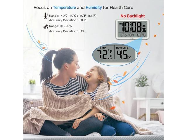 WallarGe Auto Set Digital Wall Clock Battery Operated, Desk Clocks with Temperature, Humidity and Date, Large Display Digital Calendar Alarm Clock...