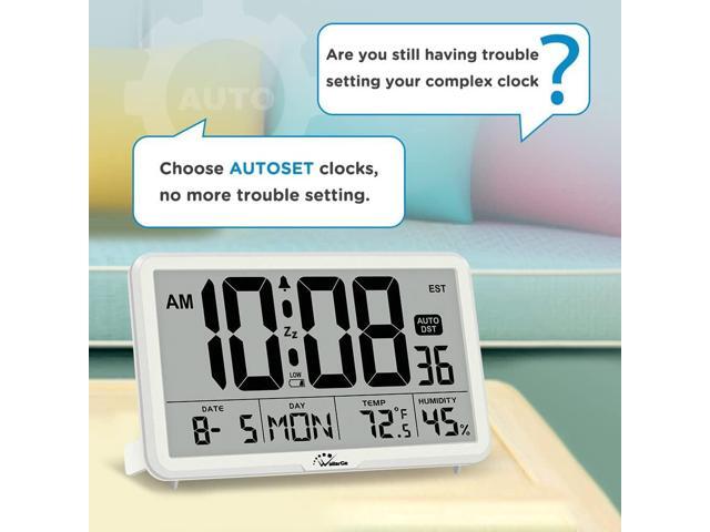 WallarGe Auto Set Digital Wall Clock Battery Operated, Desk Clocks with Temperature, Humidity and Date, Large Display Digital Calendar Alarm Clock...