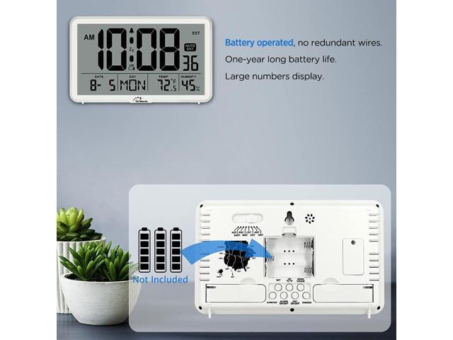 WallarGe Auto Set Digital Wall Clock Battery Operated, Desk Clocks with Temperature, Humidity and Date, Large Display Digital Calendar Alarm Clock...