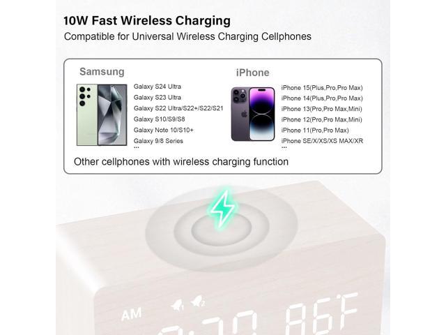 MOSITO Digital Wooden Alarm Clock with Wireless Charging, 0-100% Dimmer, Dual Alarm, Weekday/Weekend Mode, Snooze, Wood LED Clocks for Bedroom,...