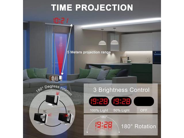 Projection Digital Alarm Clock for Bedrooms, Clock Radio on Ceiling, USB Charger Port, Temperature & Humidity Display, 7.3 Large Mirror LED...