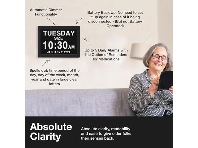 American Lifetime New 2025 Dementia Clock Large for Seniors, Digital Clock Large Display with Custom Alarms, Clock with Day & Date for Elderly,...