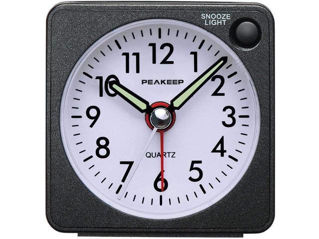 Peakeep Ultra Small, Battery Travel Alarm Clock with Snooze and Light, Silent with No Ticking Analog Quartz (Black)