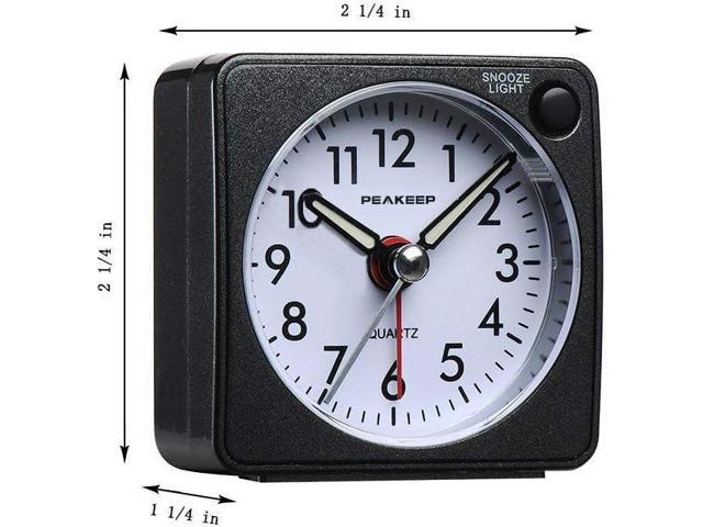 Peakeep Ultra Small, Battery Travel Alarm Clock with Snooze and Light, Silent with No Ticking Analog Quartz (Black)