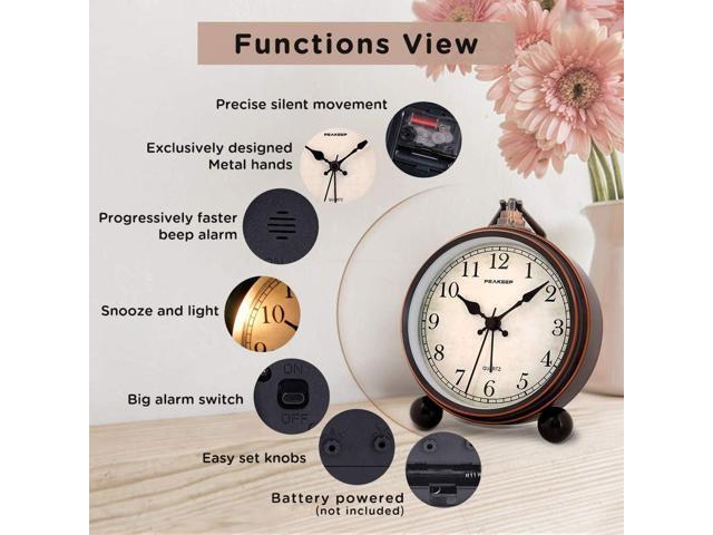 Peakeep 4' Small Battery Operated Antique Retro Analog Alarm Clock with Contour Lines in Gold for Room Decors, Silent Elegant Bedside Desk Gift Clock