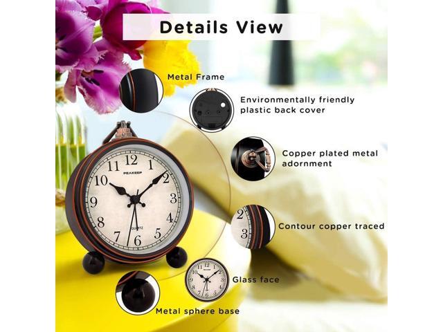 Peakeep 4' Small Battery Operated Antique Retro Analog Alarm Clock with Contour Lines in Gold for Room Decors, Silent Elegant Bedside Desk Gift Clock