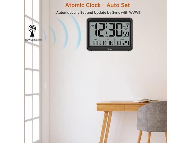 WallarGe Atomic Digital Wall Clock Battery Operated, Self-Setting, Large Display with Temperature, Date, Day of The Week, Silent Wall Mount Digital...
