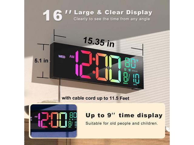 JALL 16' Large Digital Wall Mount Clock, Count Down Timer, Alarm, Big LED, 8 RGB Color, DST, Temperature for Living Room Classroom Desk, Xmas,...