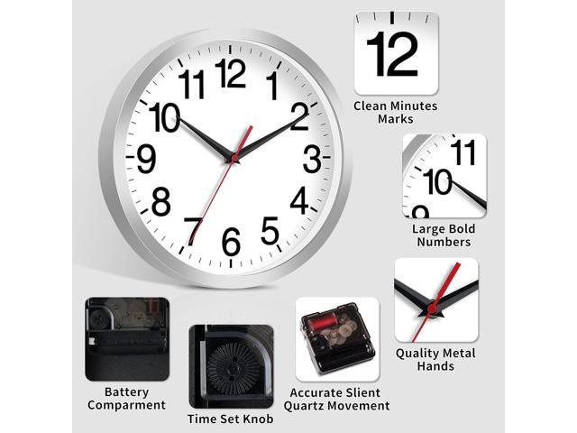 12 Inch Wall Clock Modern Battery Operated Silent Non Ticking Analog Clock Decorative for Bedroom Kitchen Bathroom Office Home Living Room (Silver)