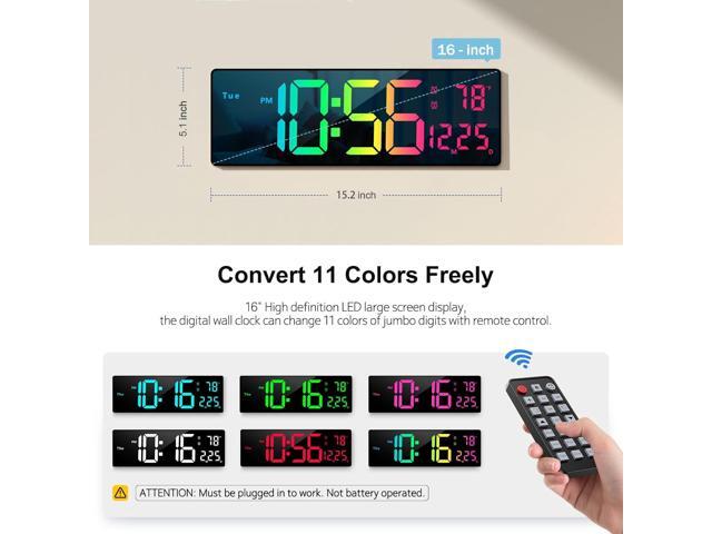 Digital Wall Clock Large Display 16', Digital Clock with 11 RGB Colors Changing Remote Control, LED Clocks with Night Lights for Living Room...