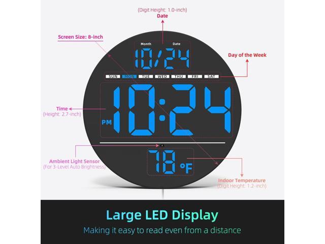 Digital Wall Clock with Large LED Display, Date, Temperature, Auto-Brightness Small [PLUG-IN] Clock Modern Electric Wall Clock for Bedroom,...
