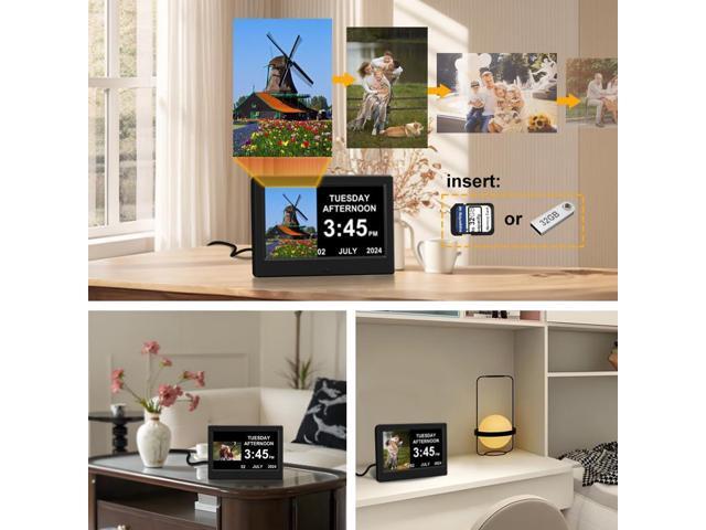 Alarm Clock with Day and Date for Elderly Digital Calendar Clock Photo Frame- Auto Dimmable Display 15 Alarm Options (7inch Black)