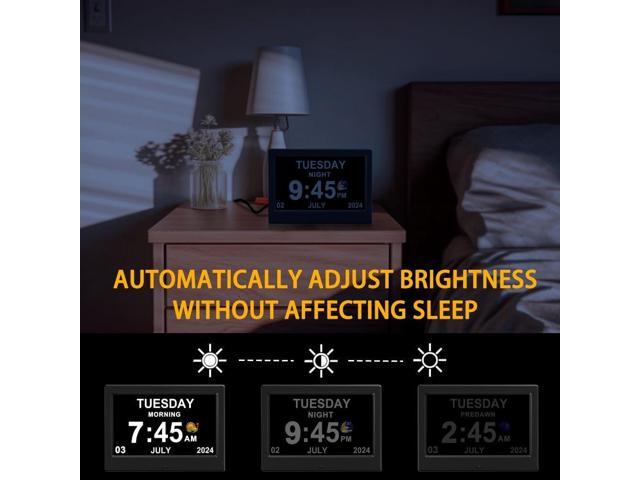 Alarm Clock with Day and Date for Elderly Digital Calendar Clock Photo Frame- Auto Dimmable Display 15 Alarm Options (7inch Black)