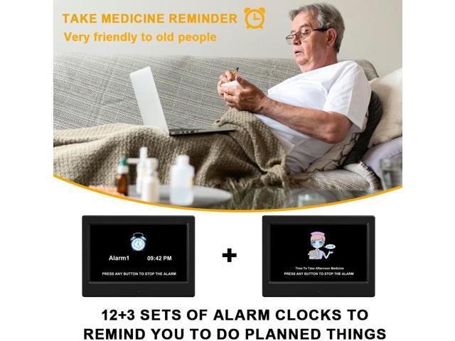 Alarm Clock with Day and Date for Elderly Digital Calendar Clock Photo Frame- Auto Dimmable Display 15 Alarm Options (7inch Black)
