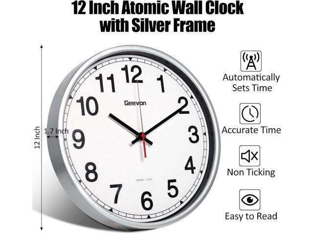 Geevon 12 Inch Atomic Wall Clock - Self-Setting Analog Clock with Automatic Time Sync - Battery Operated for Home Office School - Silver Frame