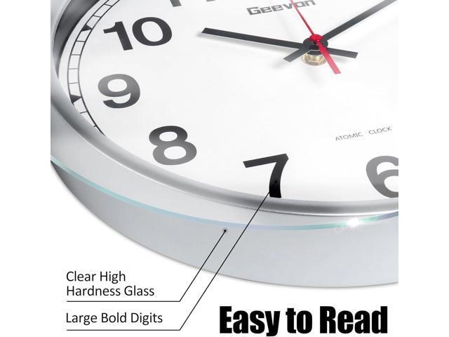 Geevon 12 Inch Atomic Wall Clock - Self-Setting Analog Clock with Automatic Time Sync - Battery Operated for Home Office School - Silver Frame