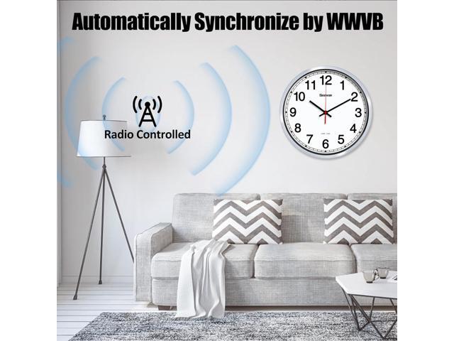 Geevon 12 Inch Atomic Wall Clock - Self-Setting Analog Clock with Automatic Time Sync - Battery Operated for Home Office School - Silver Frame