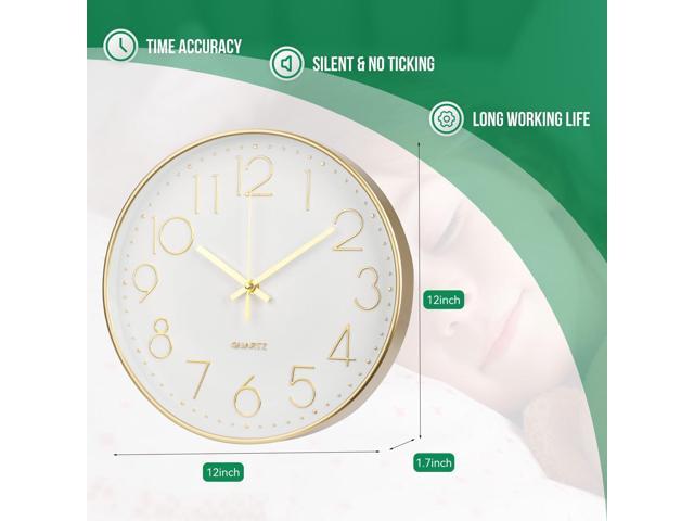 Wall Clock 12 Inch Non-Ticking Silent Modern Simple Style Round Decor Clock Gold Stereoscopic Dial Quartz Wall Clocks for Home/Office/School/Living...