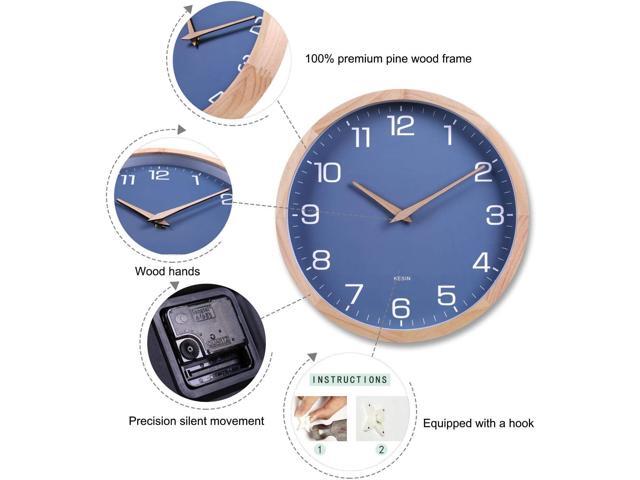 Kesin Wall Clock 12 Inch Silent Non Ticking Wood Wall Clocks Battery Operated - Wooden Blue Modern Simple Clock Decorative for Kitchen,Living...