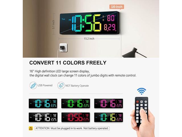 Digital Wall Clock 16', Wall Clocks with 11 RGB Colors, Alarm Clock with Night Lights, Large Digital Clock for Living Room Bedroom Office Classroom...