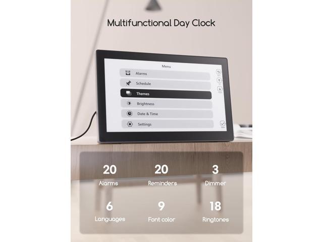 Raynic Digital Clock, Large Display Calendar Clock with 12 Themes, 20 Alarms, 20 Reminders, Auto Dimming, 12/24 Hours, Indoor Temperature, Humidity...