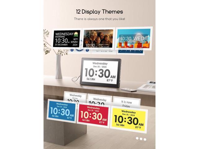 Raynic Digital Clock, Large Display Calendar Clock with 12 Themes, 20 Alarms, 20 Reminders, Auto Dimming, 12/24 Hours, Indoor Temperature, Humidity...