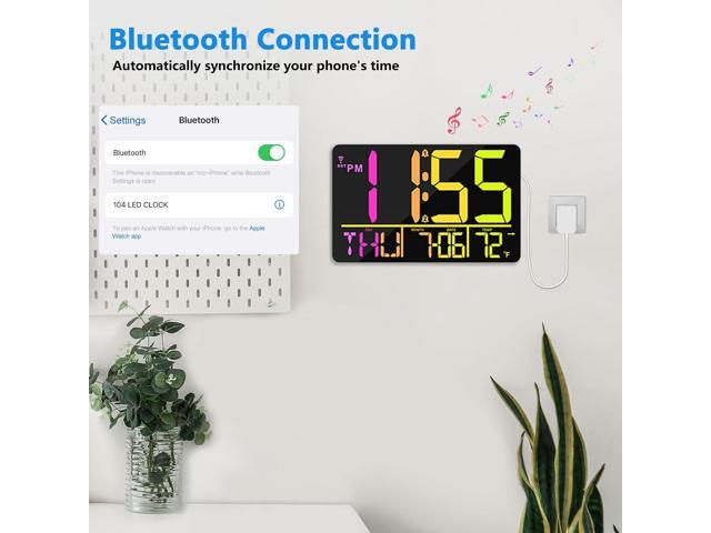 13' Bluetooth Auto Sync Wall Clock- Large Digital Alarm Clock with Remote, RGB Color Changing, 25 Ringtones, Adjustable Brightness, Auto DST, for...