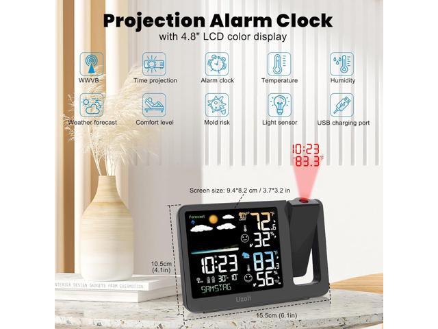 uzoli Projection Alarm Clock Weather Station, WWVB Atomic Projector Clock with Sensor, Adjustable Backlight, Indoor Outdoor Temperature Humidity,...
