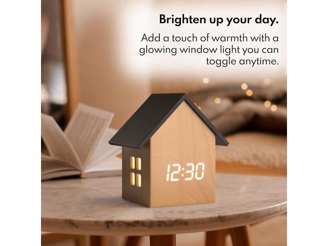 Driini Digital House-Shaped Alarm Clock with Temperature Display (Light Wood) Modern Aesthetic - Cute Cube Frame and White LED Dimmer - Perfect...