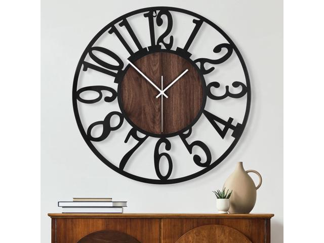 Maxstar Round Wall Clock for Living Room Decor Battery Operated Non Ticking Silent Vintage Black Metal Wood Clocks for Home Living Room Garden...