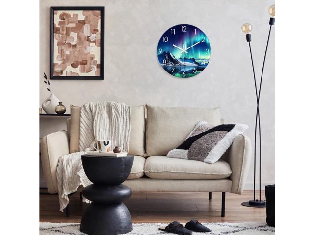 XNM Teal Glass Wall Clocks Battery Operated 12 Inch Aurora Modern Wall Clocks for Living Room Decor Glacier Lake Wall Clock Silent Non Ticking