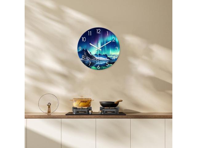 XNM Teal Glass Wall Clocks Battery Operated 12 Inch Aurora Modern Wall Clocks for Living Room Decor Glacier Lake Wall Clock Silent Non Ticking