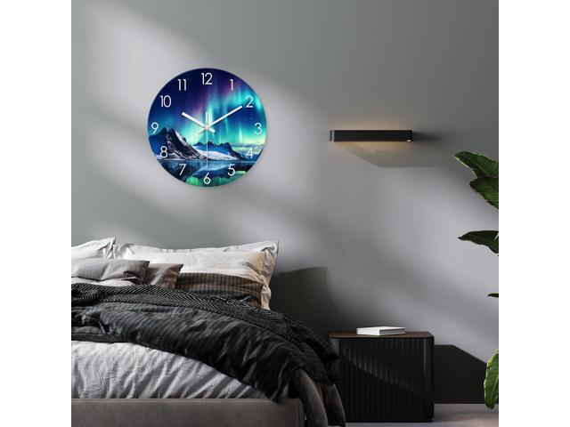 XNM Teal Glass Wall Clocks Battery Operated 12 Inch Aurora Modern Wall Clocks for Living Room Decor Glacier Lake Wall Clock Silent Non Ticking