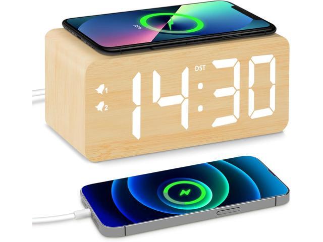 Wood Digital Alarm Clock with 10W Fast Wireless Charger, USB Charging Ports, DST, Dimmable, Snooze, Large Number LED Display for Bedrooms, Desk,...