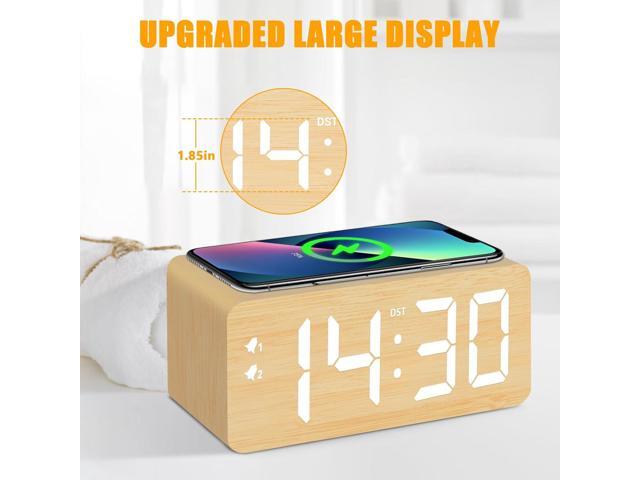 Wood Digital Alarm Clock with 10W Fast Wireless Charger, USB Charging Ports, DST, Dimmable, Snooze, Large Number LED Display for Bedrooms, Desk,...