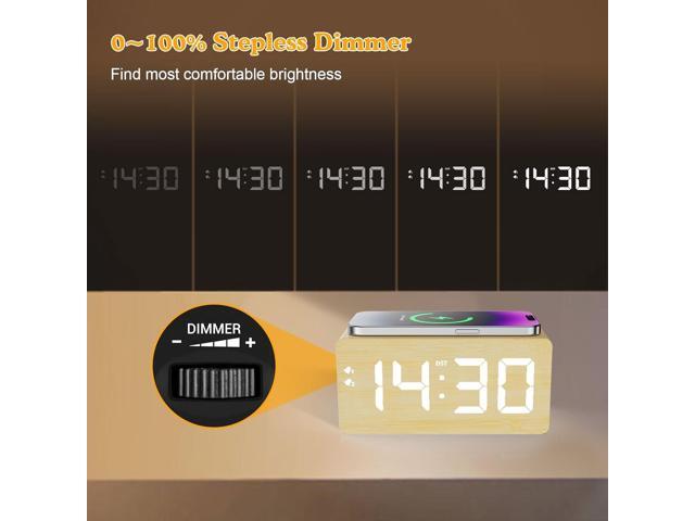 Wood Digital Alarm Clock with 10W Fast Wireless Charger, USB Charging Ports, DST, Dimmable, Snooze, Large Number LED Display for Bedrooms, Desk,...